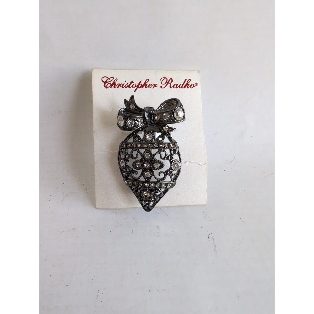 Vtg Christopher Radko Christmas Ornament Pin Brooch Rhinestones Silver Signed
